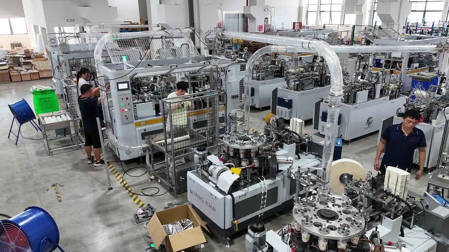 Complete 6 oz double wall paper cup making line with MYC-OCM100 and MYC-DW100 in the factory